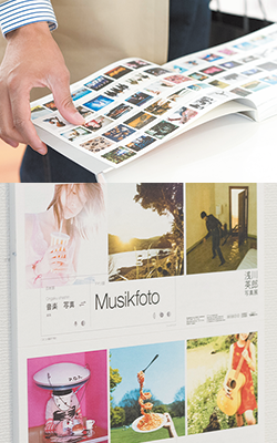 ジャケット写真を展示した1月の個展「Musikfoto」の写真集（上）とDM（下）